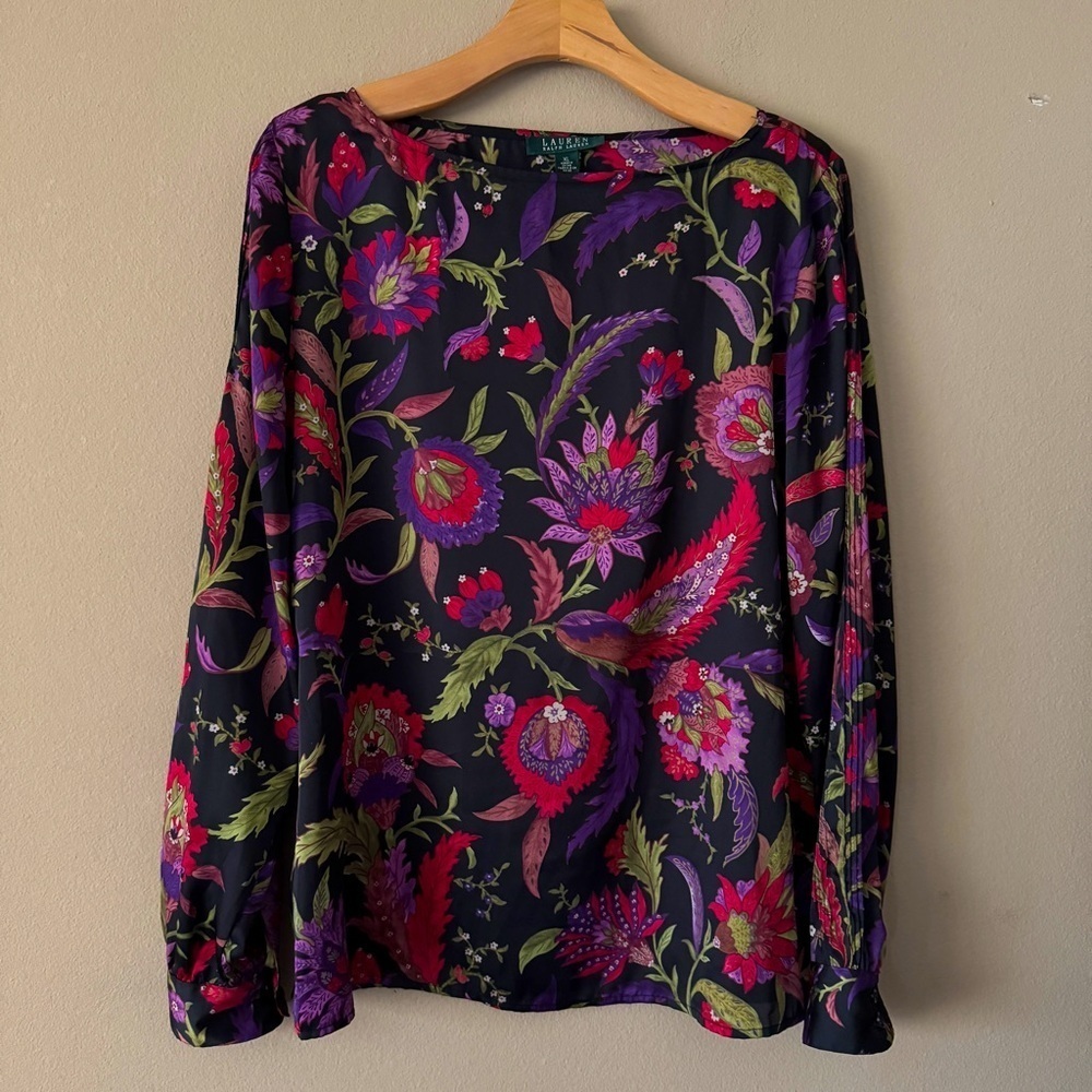 Lauren Ralph Lauren Boat Neck Long Sleeve Lightweight Floral Blouse Size XL - Picture 3 of 10